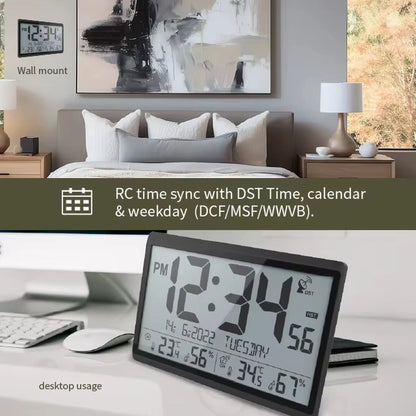 Atomic wall clock - Harven displayed on a desk and wall, features LCD showing time, date, temperatures, and humidity. Ensures precise time with radio synchronization and DST adjustments. Perfect for desktop or wall mounting.