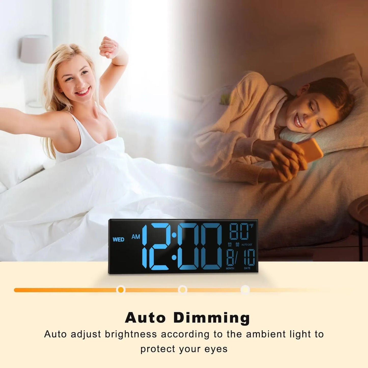 Large digital wall clock - Eldon featuring a backlit LCD with auto-dimming, showing time, weekday, temperature, and date. Highlights lifestyle scenes illustrating morning and evening use, emphasizing eye protection.