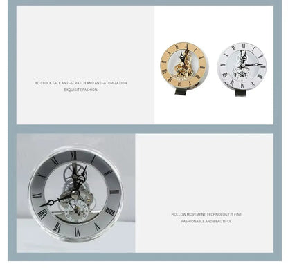 Crystal tabletop clock - Dunley featuring gold and silver finishes, showcases a transparent dial with visible gears and Roman numerals, highlighting its modern elegance and sophisticated craftsmanship.