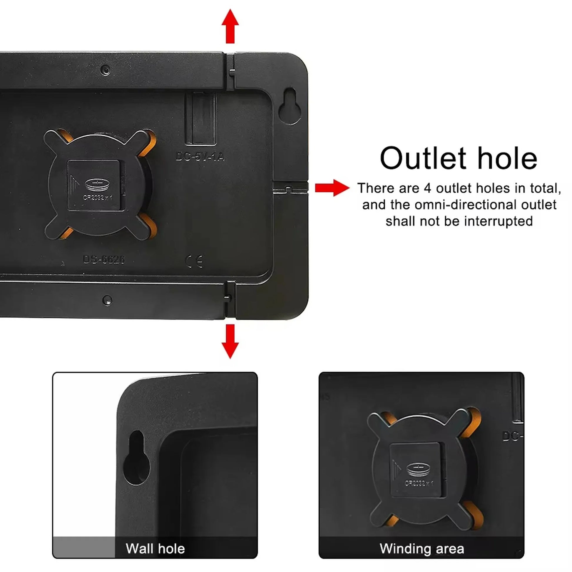 Back view of the Large Digital Wall Clock - Eldon, showcasing mounting slots, outlet holes for flexible orientation, cable management area, and a compartment for a backup CR2032 battery. Ideal for spacious settings.