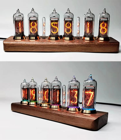 Nixie tube clock - Hartley: A retro-style clock featuring six glowing glass tubes on a wooden base, showcasing vintage Soviet-era technology with a modern design for a unique timepiece.