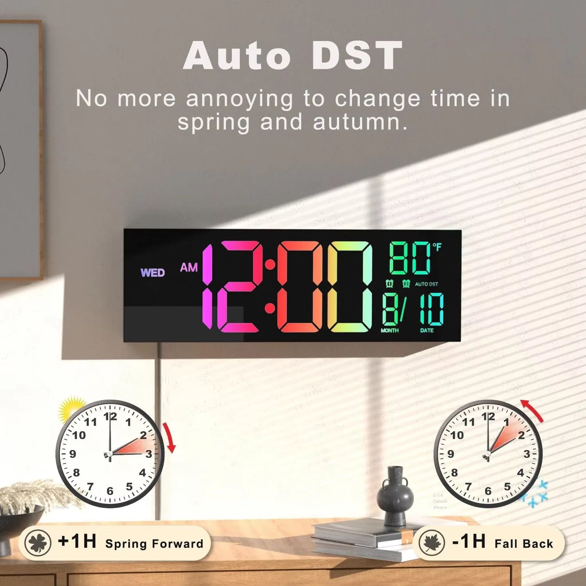 Large digital wall clock - Eldon displayed with rainbow-gradient LED numerals for time, date, and temperature, featuring automatic Daylight-Saving-Time adjustment, ideal for large spaces, above a console table.
