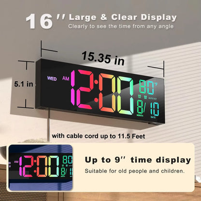 Large digital wall clock - Eldon: Featuring a 15.35 wide, 5.1 tall design with 9 rainbow gradient digits. Displays time, day, AM/PM, temperature, month, date, with automatic DST adjustment. Perfect for easy readability.