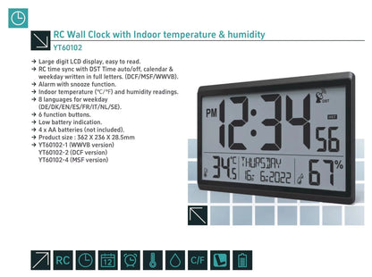 Atomic wall clock - Harven: Digital radio-controlled clock with large LCD display, showing time, date, indoor temperature, and humidity. Features atomic time sync, multilingual calendar, alarm, and battery indicator.