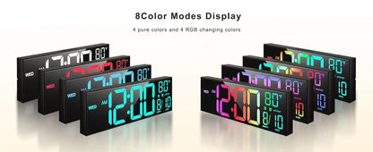 Large digital wall clock - Eldon displayed in eight color modes, showcasing a clear time readout, weekday, temperature, and alarm icons, highlighting its versatility and clarity for spacious environments.