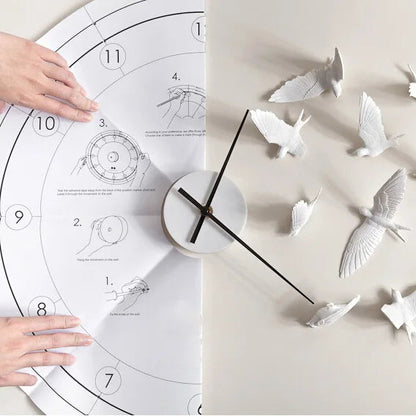 Decorative kitchen wall clocks - Darven: DIY kit includes template and instructions, with a mounted clock featuring black hands and white bird figurines replacing hour numerals, ideal for open kitchen walls.
