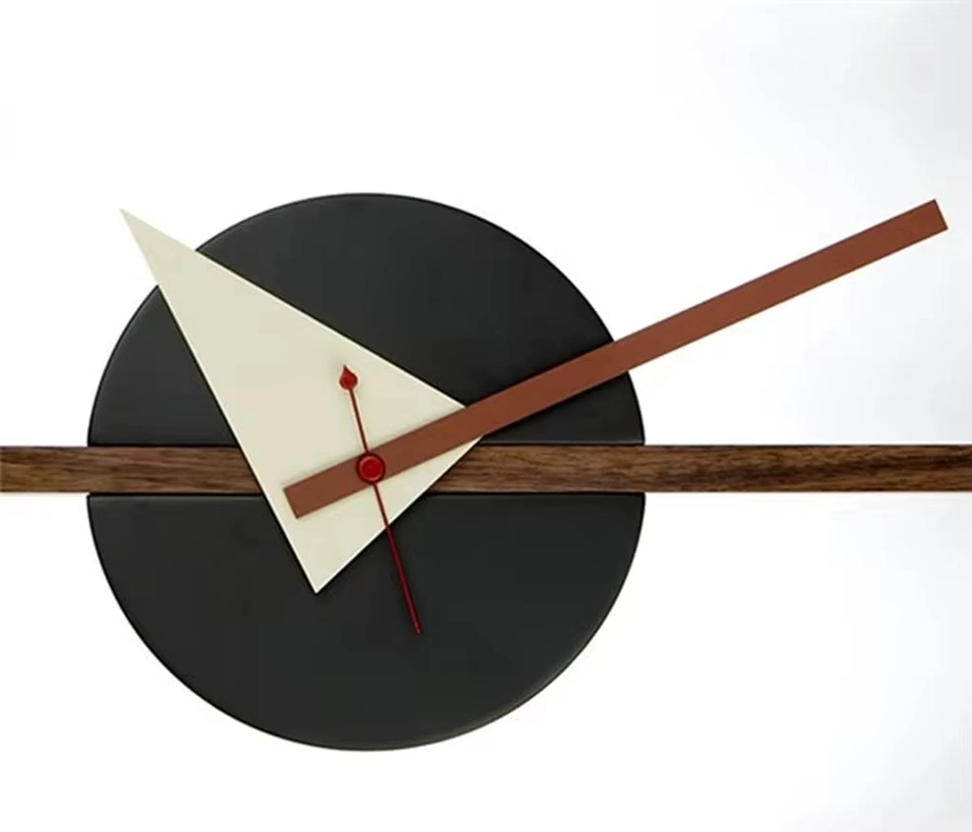 30-inch decorative wall clock - Ashen features a matte-black circle, wood-grain bar, and off-white triangle with brown hands and a red second hand, embodying industrial style and vintage charm.