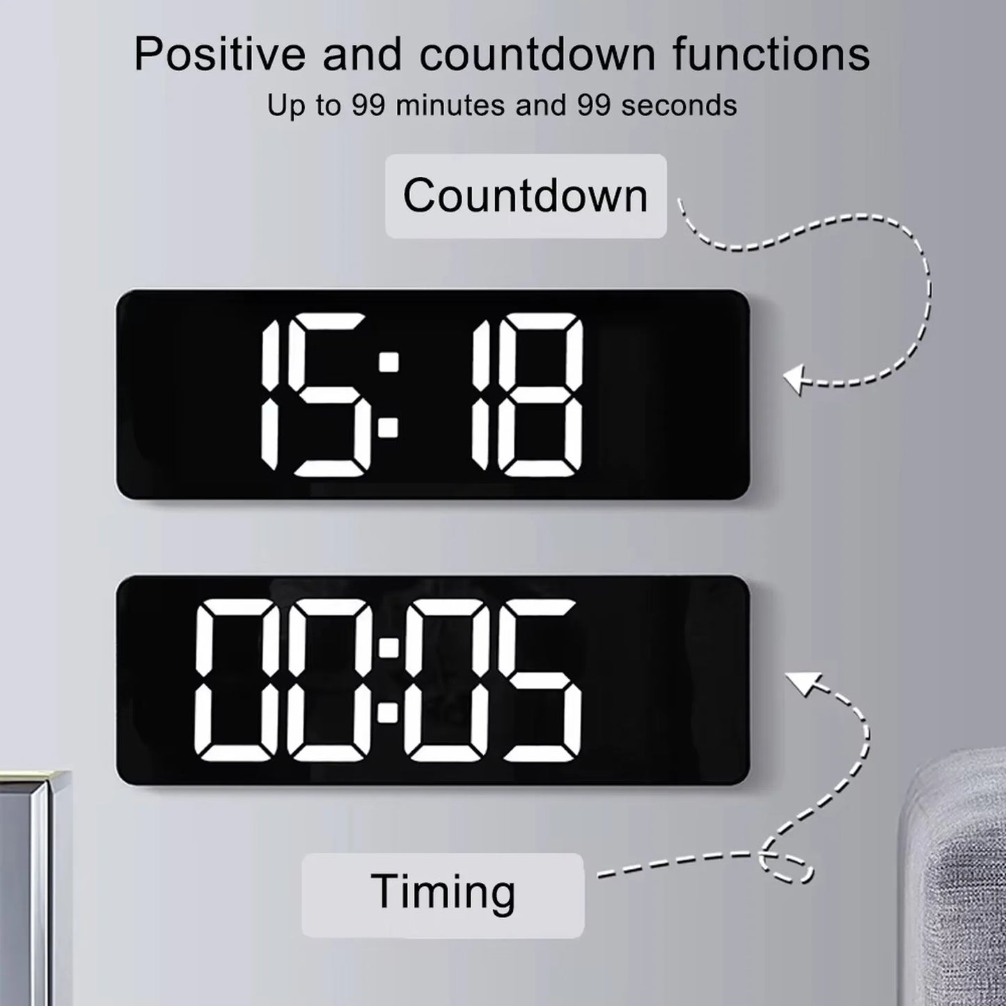 Large digital wall clock - Eldon: Features bright LED digits, positive and countdown functions up to 99:99, shown with 15:18 countdown and 00:05 timing displays, ideal for large spaces.