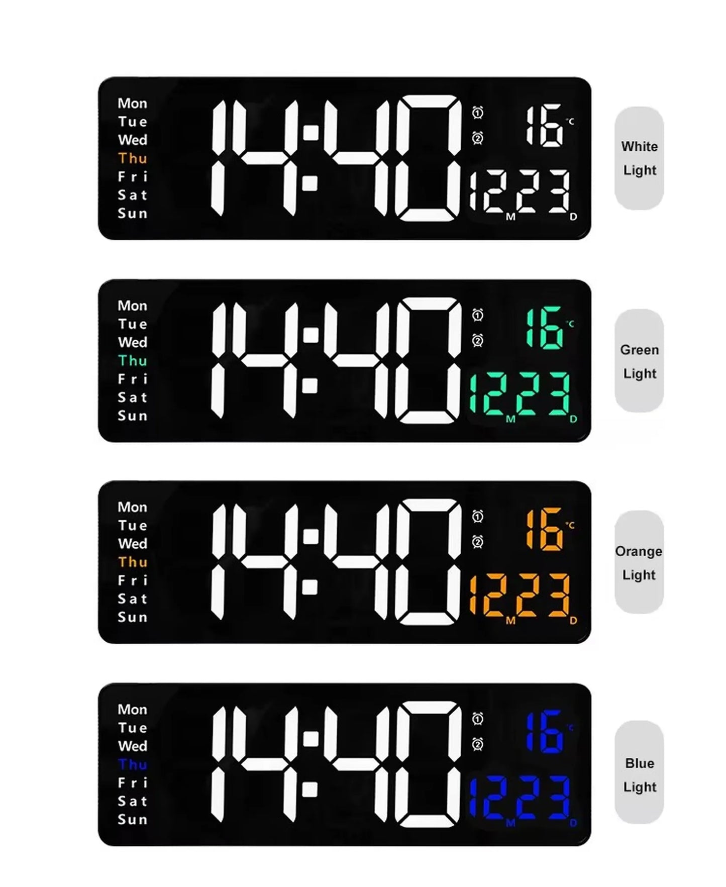 Large digital wall clock - Eldon featuring jumbo LED numbers, 24-hour time, day, date, temperature, and alarm indicators. Available with white, green, orange, or blue backlight for high visibility.