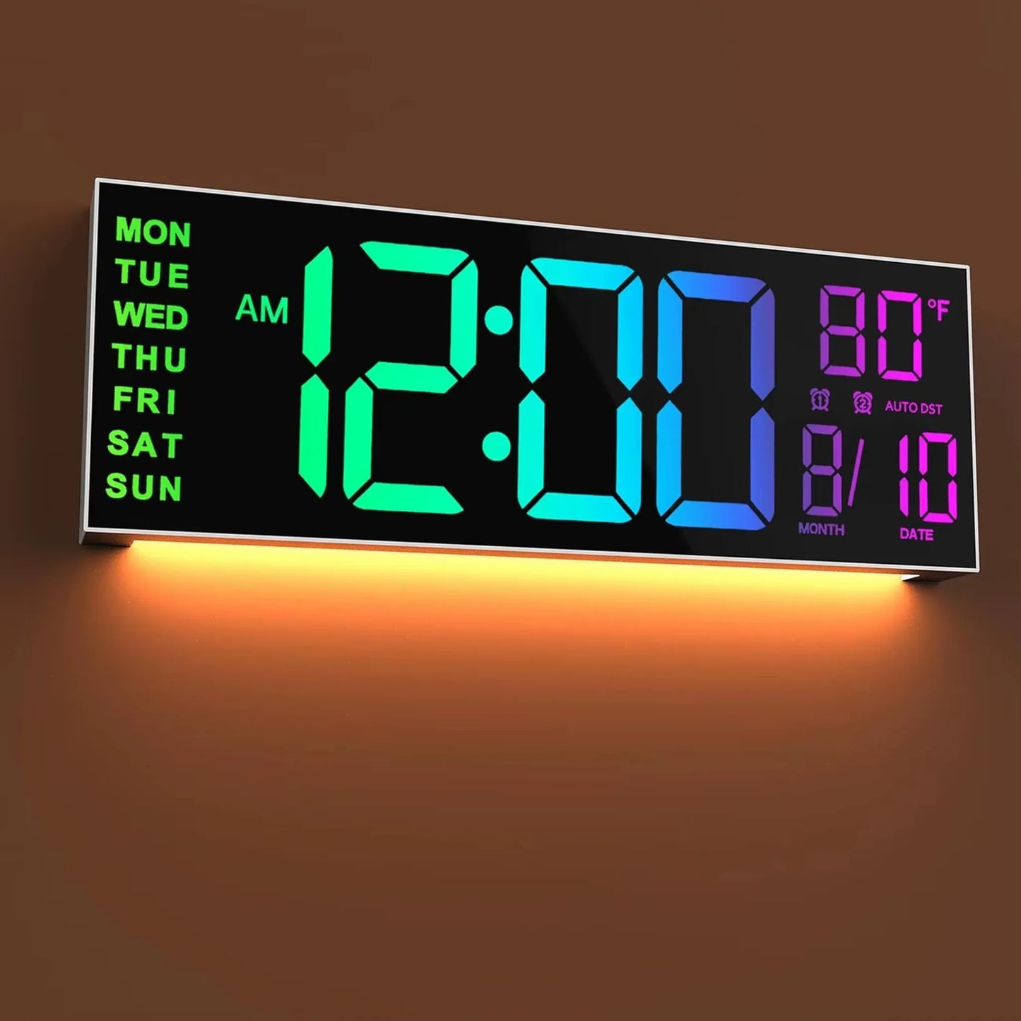 Large digital wall clock - Eldon with jumbo LED time display, day and date indicators, temperature readout, and an orange backlight glow, ideal for prominent timekeeping in spacious areas.