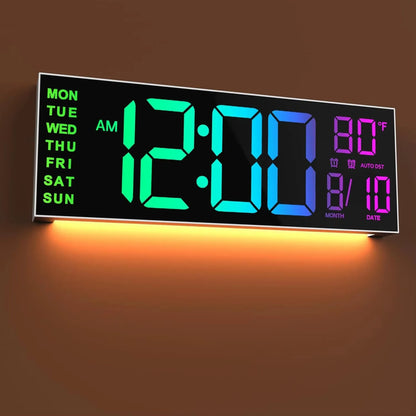 Large digital wall clock - Eldon with jumbo LED time display, day and date indicators, temperature readout, and an orange backlight glow, ideal for prominent timekeeping in spacious areas.