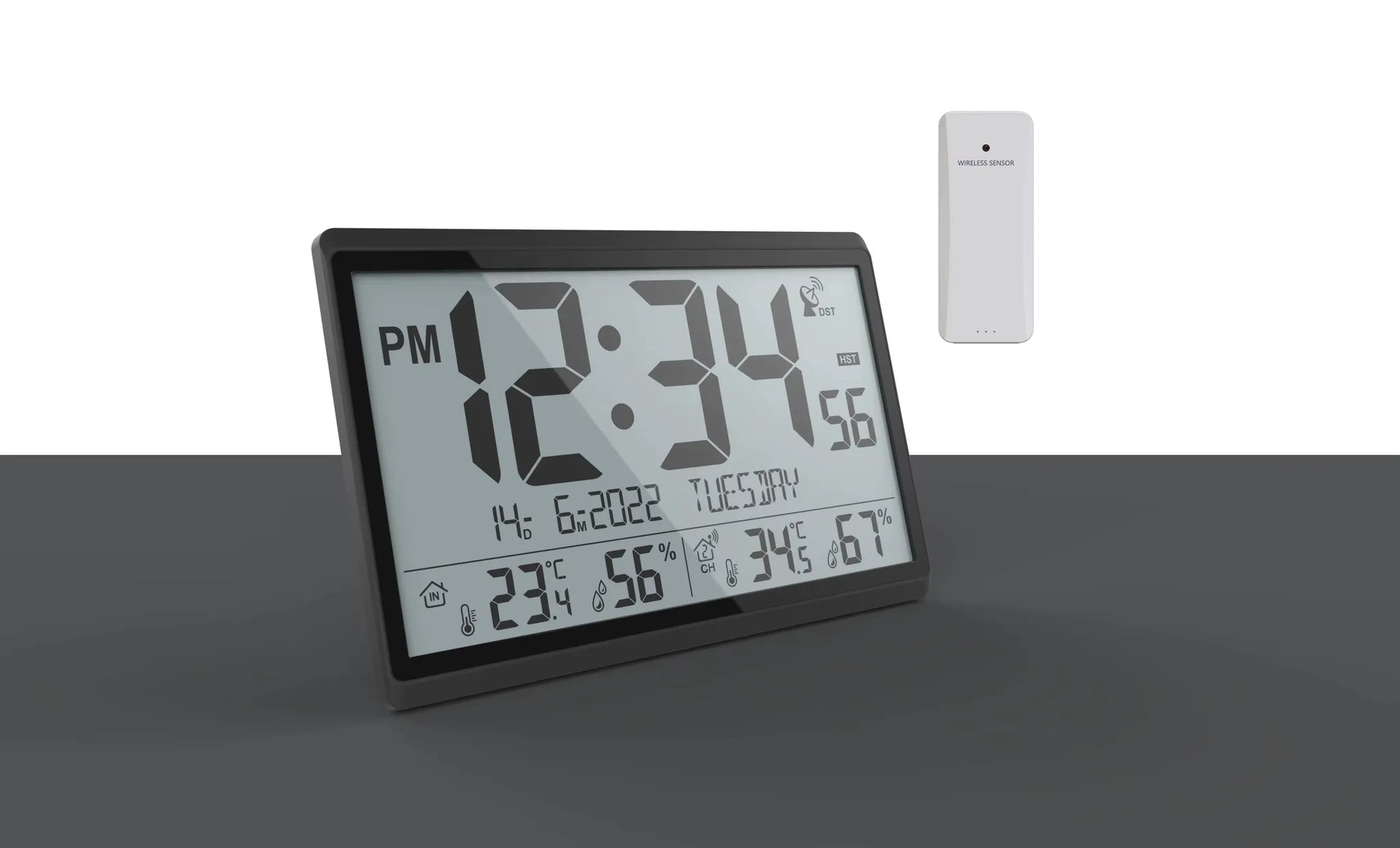 Atomic wall clock - Harven with LCD displaying time, date, indoor and outdoor temperatures, and humidity from an external wireless sensor, ensuring accurate time via atomic syncing.