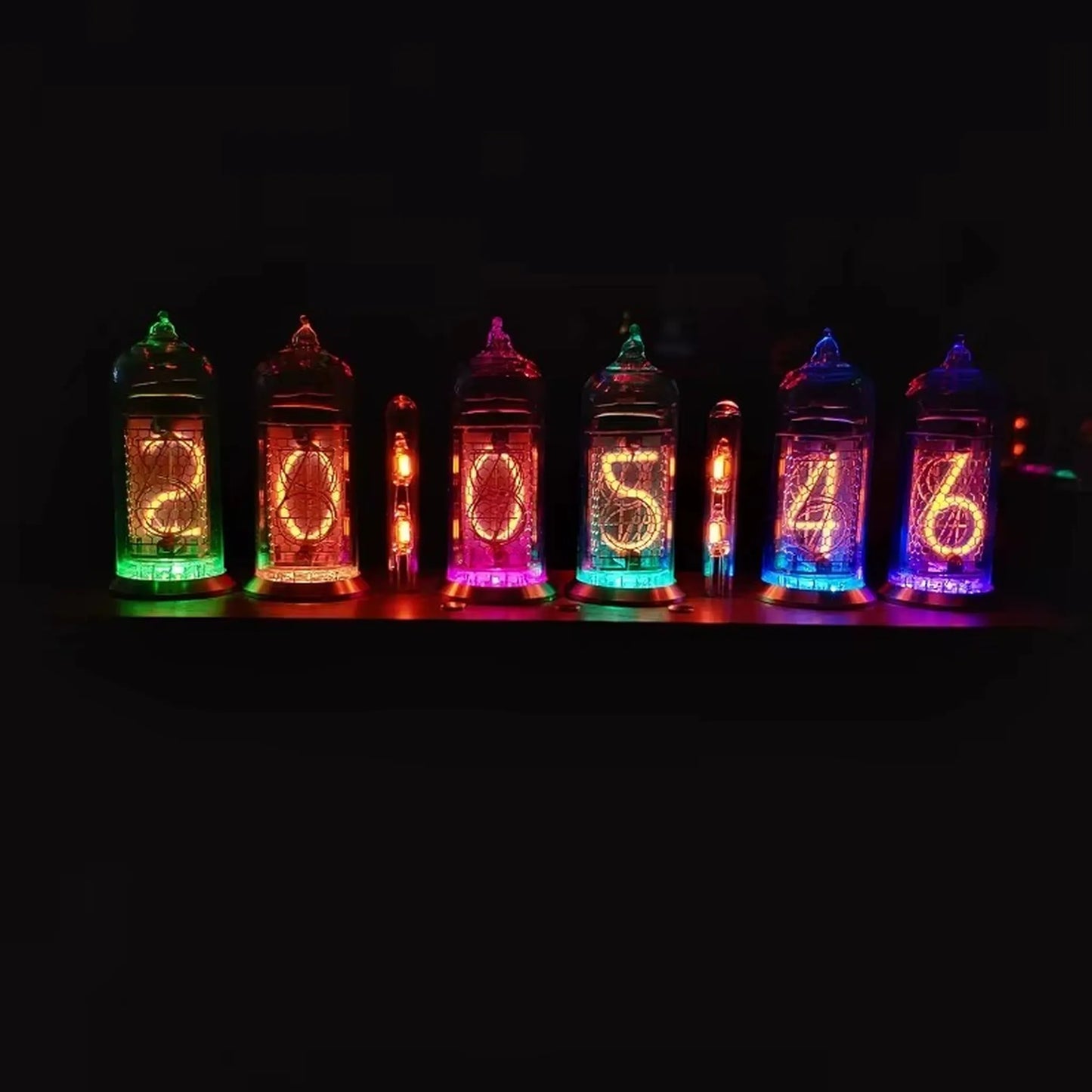 Nixie tube clock - Hartley: A vintage-style IN-14 Nixie tube clock displays time with glowing numerals, featuring neon colon tubes, set in a modern wooden enclosure, perfect for desks or shelves.