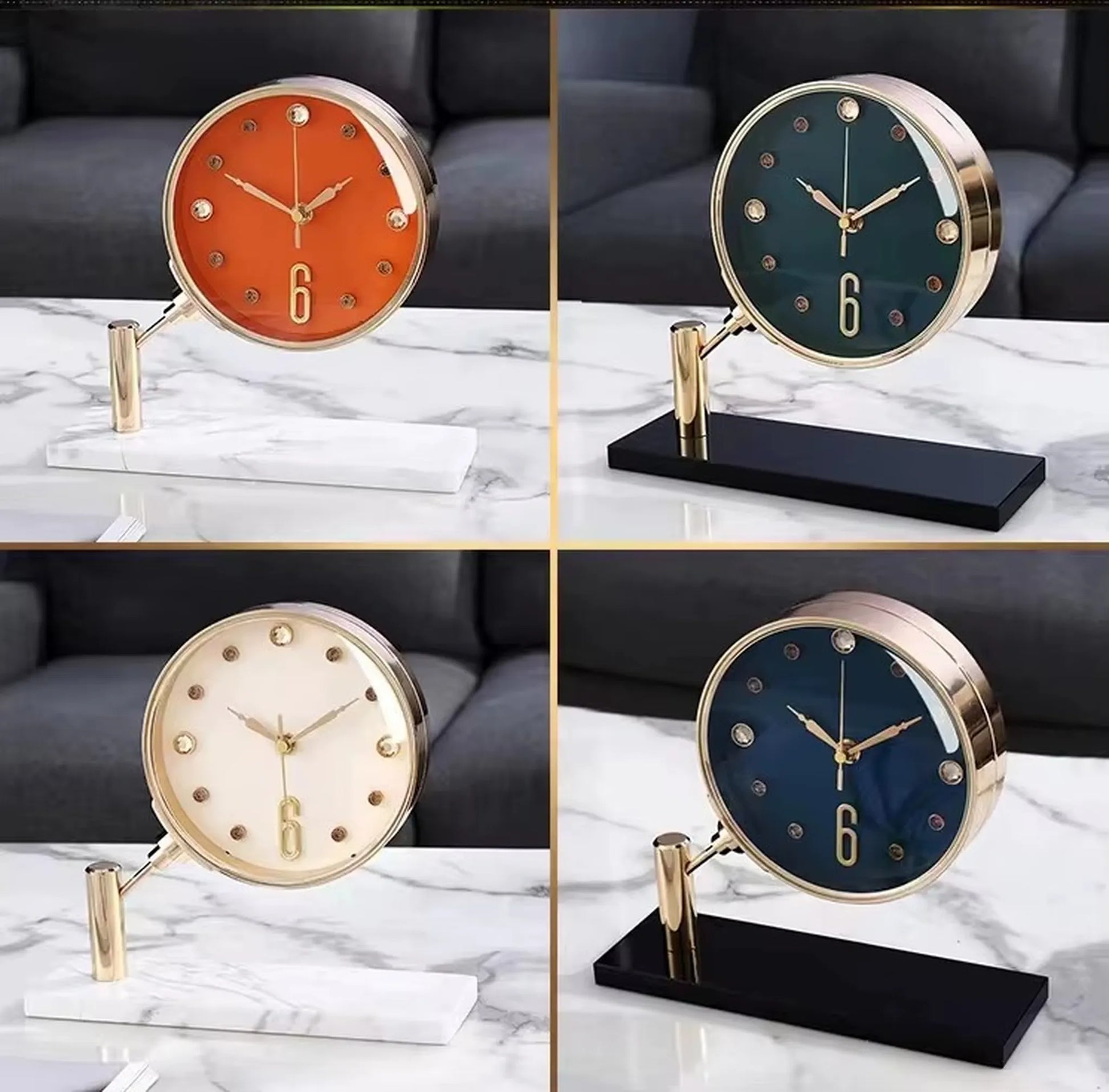 Luxury Table Clock - Corlen: Four elegant variants with gold-edged round faces, crystal markers, and cylindrical stems on marble bases, exemplifying refined design and quality, perfect for modern homes or offices.