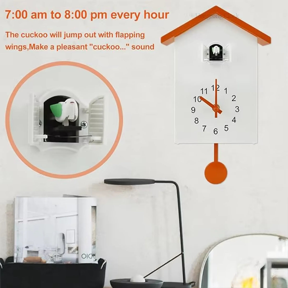 Wooden Cuckoo Clock - Brivon: A modern house-shaped clock with an orange roof, matching pendulum, and hour/minute hands. Features a cuckoo bird, adding playful charm to any room.