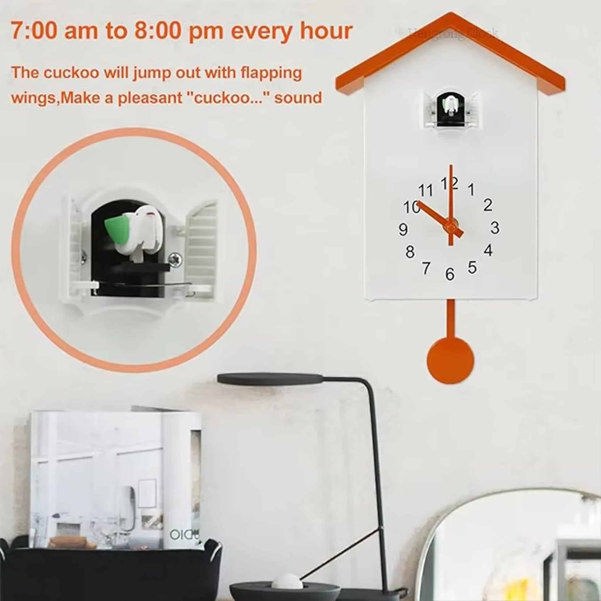 Wooden Cuckoo Clock - Brivon: A modern house-shaped clock with an orange roof, matching pendulum, and hour/minute hands. Features a cuckoo bird, adding playful charm to any room.