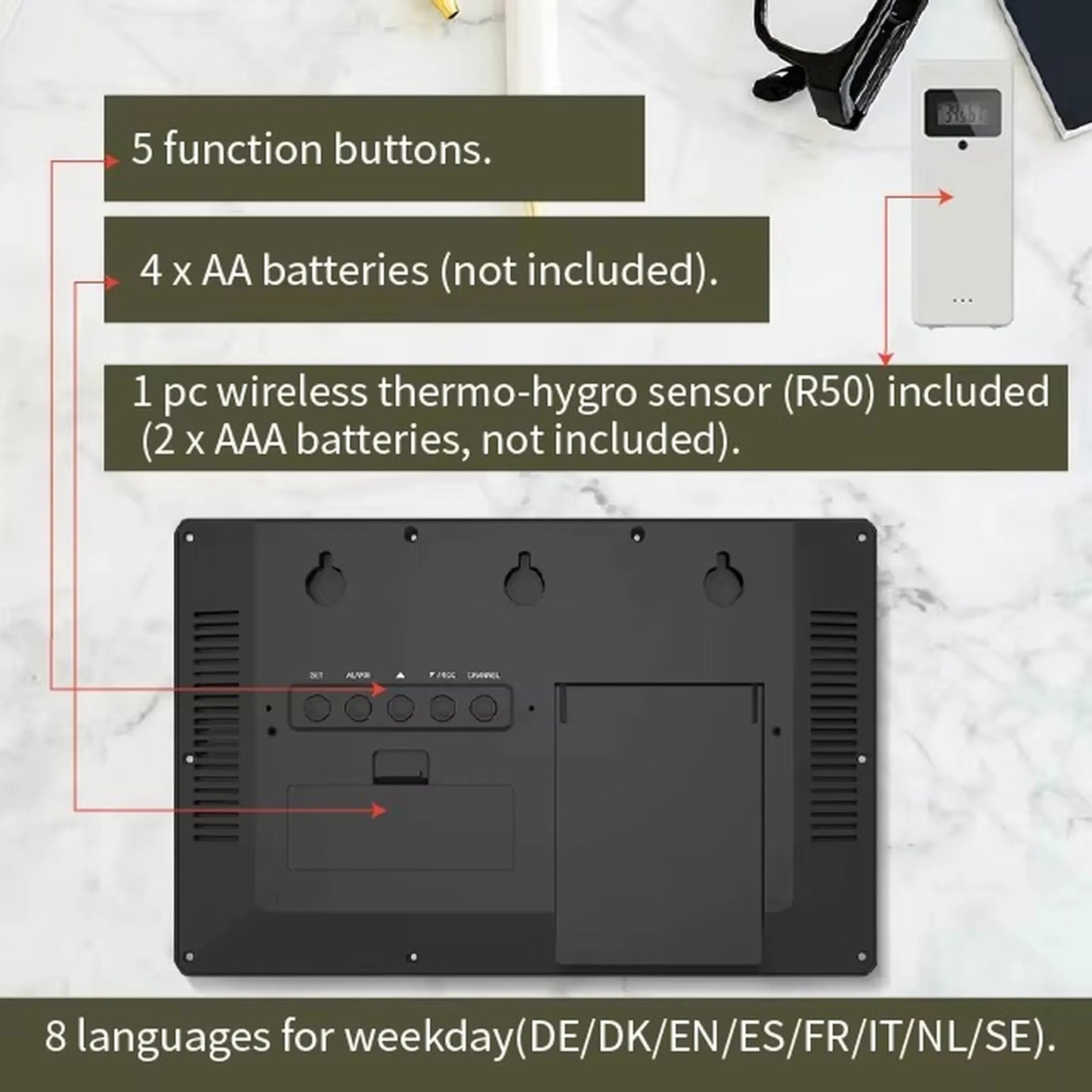 Atomic wall clock - Harven: Back view showing function buttons, battery compartment, and wireless sensor. Displays weekday names in 8 languages, syncing with the atomic clock for precise timekeeping.