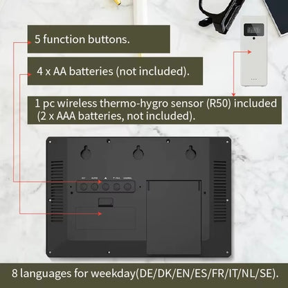 Atomic wall clock - Harven: Back view showing function buttons, battery compartment, and wireless sensor. Displays weekday names in 8 languages, syncing with the atomic clock for precise timekeeping.