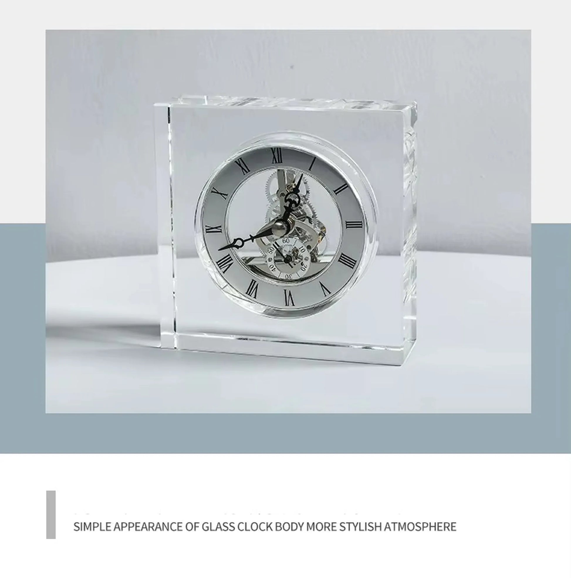 Crystal tabletop clock - Dunley features a clear-glass body showcasing its skeletonized movement, Roman numeral silver face, and ornate hands. A modern elegance piece for desks or mantels.