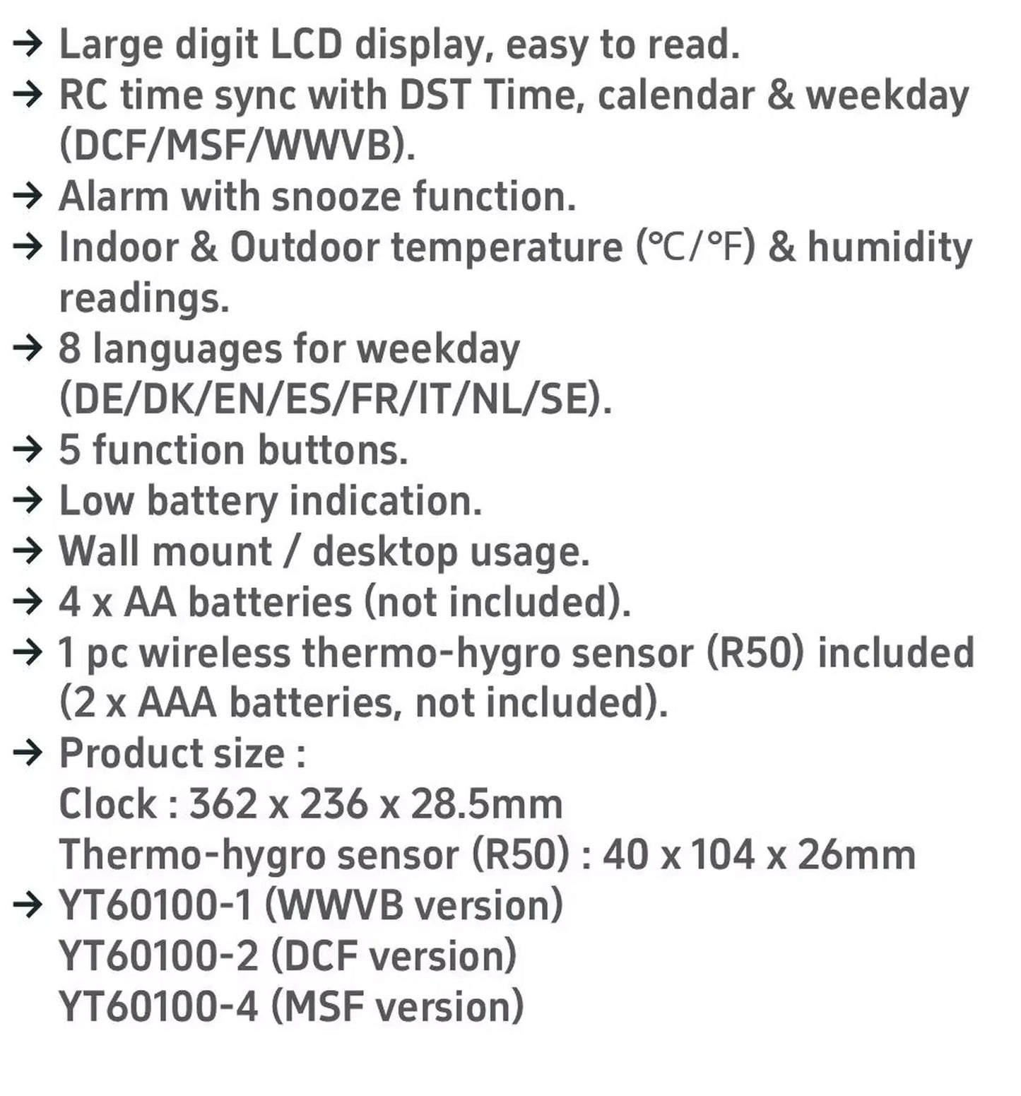 Atomic wall clock - Harven with large-digit LCD, displaying time, calendar, and weather data, featuring alarm, multilingual weekday options, and dual mounting. Ideal for precise timekeeping, enhancing any wall or desk setup.
