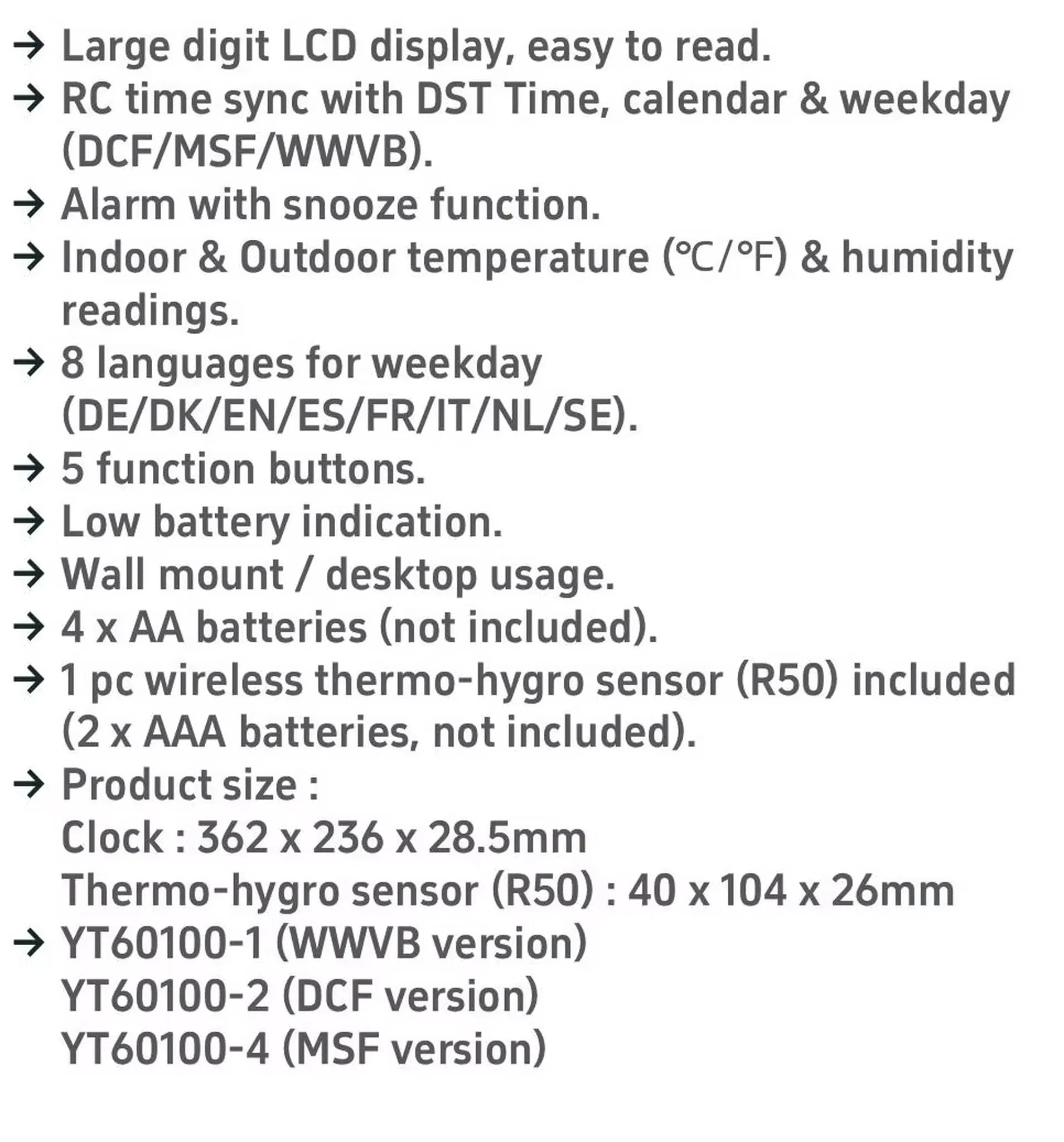 Atomic wall clock - Harven with large-digit LCD, displaying time, calendar, and weather data, featuring alarm, multilingual weekday options, and dual mounting. Ideal for precise timekeeping, enhancing any wall or desk setup.