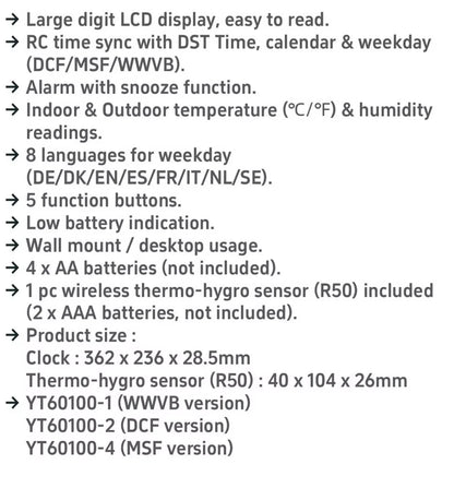 Atomic wall clock - Harven with large-digit LCD, displaying time, calendar, and weather data, featuring alarm, multilingual weekday options, and dual mounting. Ideal for precise timekeeping, enhancing any wall or desk setup.