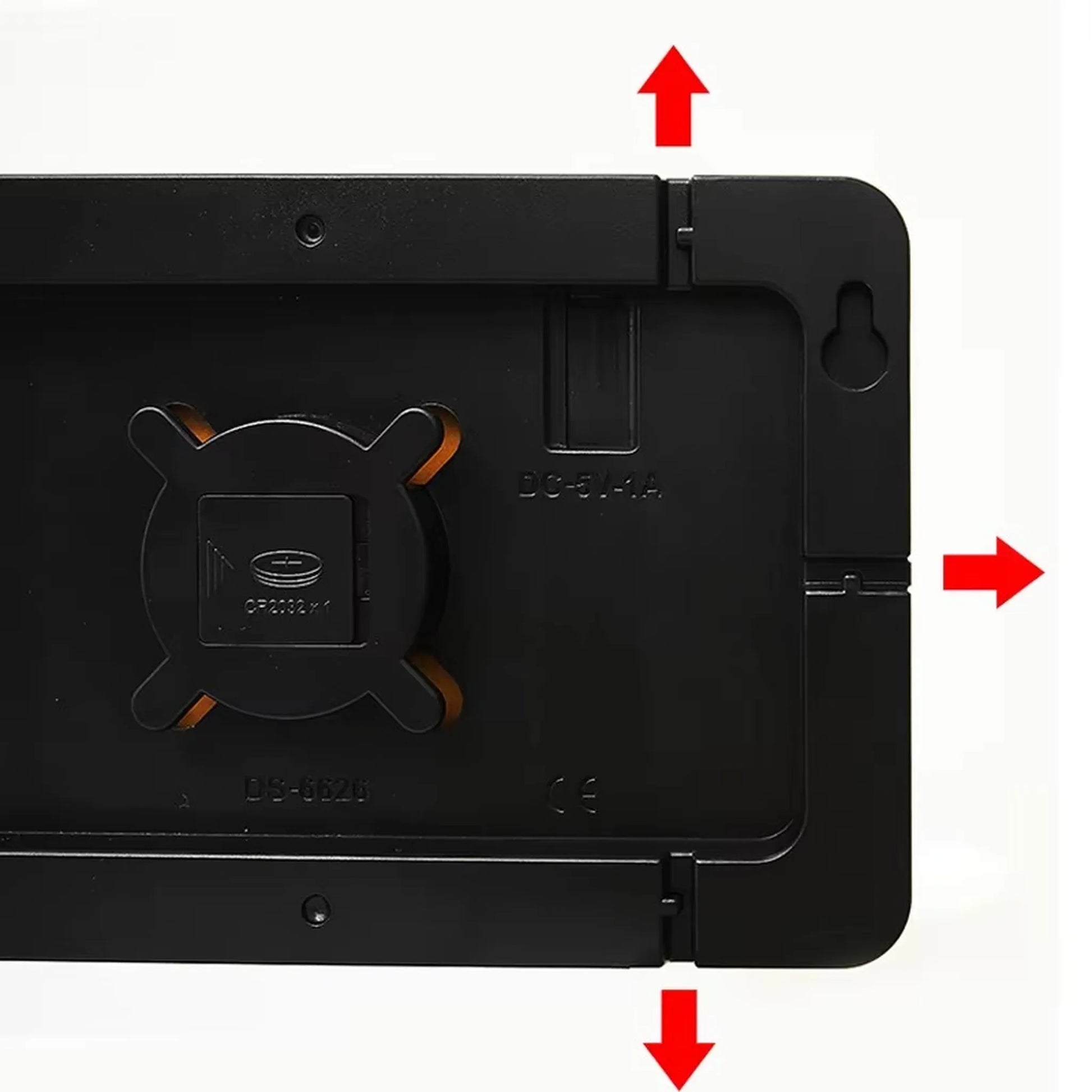 Back view of the Large digital wall clock - Eldon, showcasing its CR2032 battery compartment, DC 5V input, wall-mount keyhole slots, and fold-out stands for versatile placement.