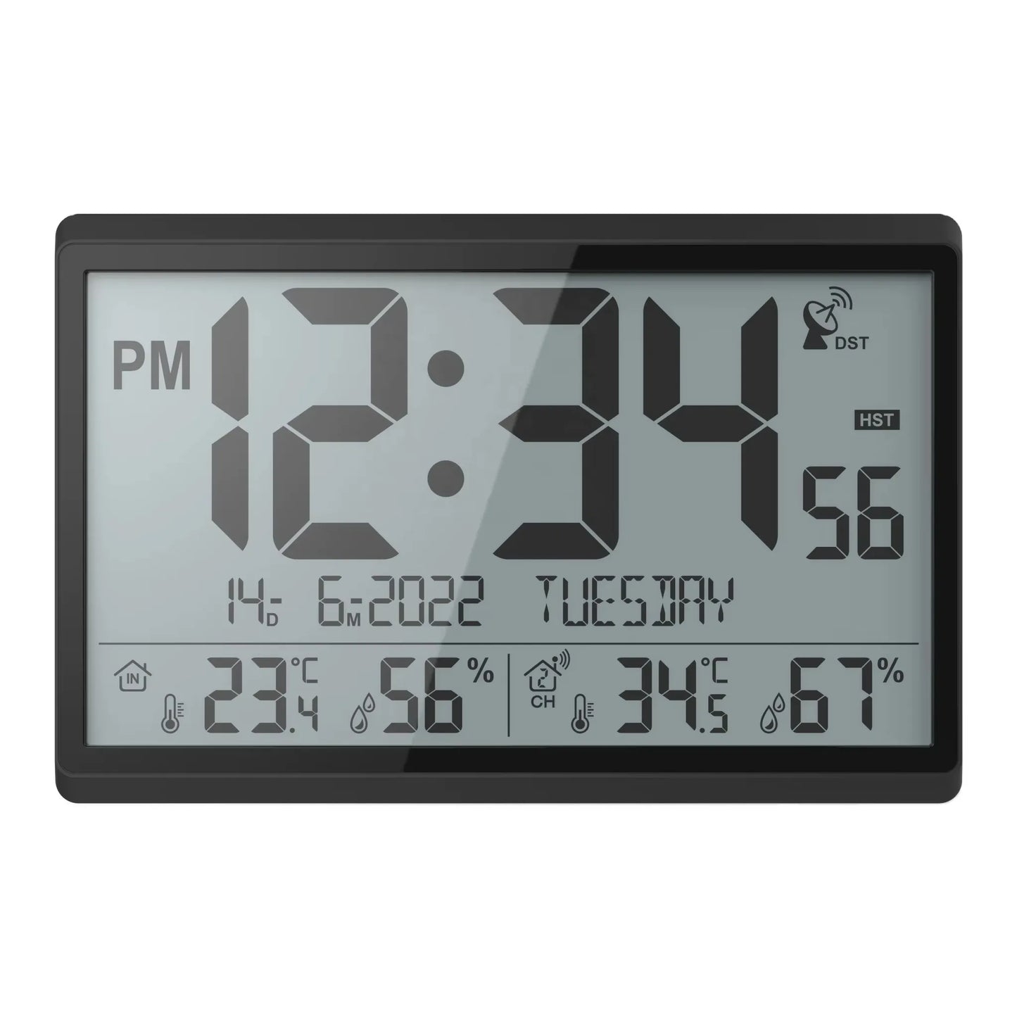 Atomic wall clock - Harven: Digital weather-station clock displays time (12:34 PM), date, day, atomic sync, DST, indoor/outdoor temperatures, and humidity on a large LCD for precise timekeeping.