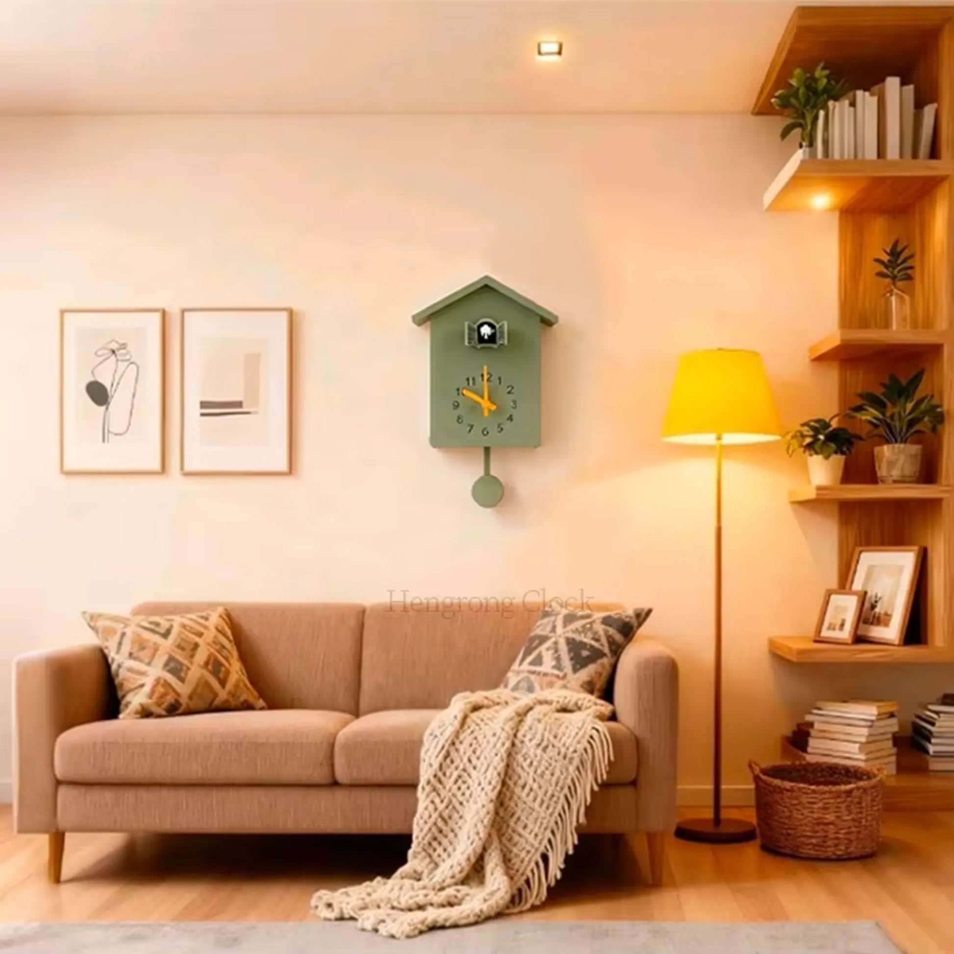 Wooden Cuckoo Clock - Brivon: A green, house-shaped clock with a swinging bird pendulum, adds playful charm to a modern living room corner with a beige sofa and built-in shelving.