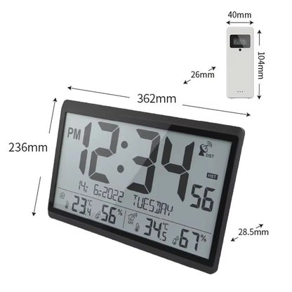 Atomic wall clock - Harven, featuring a large LCD display showing time, date, indoor/outdoor temperatures, and humidity. Includes a wireless sensor module for accurate readings, perfect for precise timekeeping.