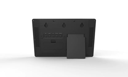 Back view of the Atomic wall clock - Harven, featuring vent grills, control buttons, battery compartment, wall-mount keyholes, and a fold-out stand for versatile display options.