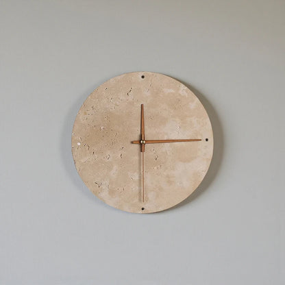 Modern wall clock for living room - Torwyn: A minimalist travertine clock with slender copper hands and LED halo, featuring subtle drilled hour markers, perfect for elevating bathrooms or patios.