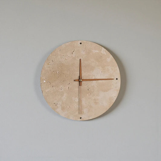 Modern wall clock for living room - Torwyn: A minimalist travertine clock with slender copper hands and LED halo, featuring subtle drilled hour markers, perfect for elevating bathrooms or patios.