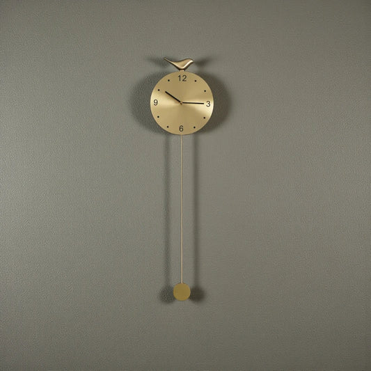 Modern pendulum wall clock - Majesty: A sleek brass-faced clock with minimalist markers, a slender pendulum, and a small bird atop, designed to enhance contemporary decor with its unique, sophisticated presence.