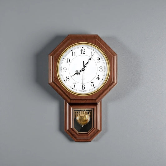 Vintage wall clock pendulum - Heritage: A classic regulator-style clock with an octagonal wooden case, white face with black hands and numerals, and a brass pendulum visible through a glass compartment.