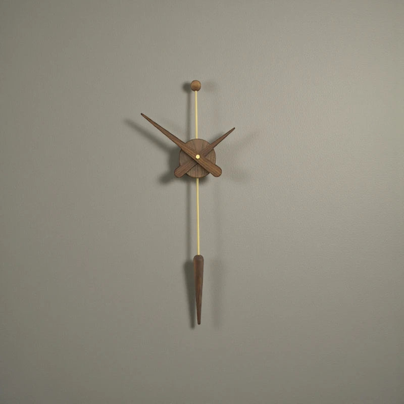 Mid century modern wall clock - Ellroy, featuring a minimalist design with a wooden clock face and hands on a brass-finished rod, accented by a wooden sphere and pendulum weight.