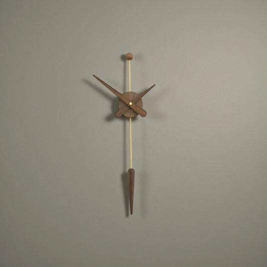 Mid century modern wall clock - Ellroy, featuring a minimalist design with a wooden clock face and hands on a brass-finished rod, accented by a wooden sphere and pendulum weight.