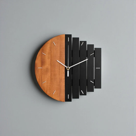 Modern wood wall clock - Clevor features a unique design with a semi-circular wood panel and black slats, accented by minimalist hour markers and slender white hands with a gold hub.