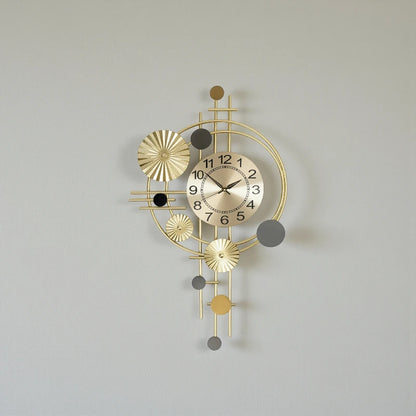 Oversized wall clock modern - Hashford features a gold metallic face with black numerals and brass hands, complemented by geometric metal rings and discs, offering a sculptural, contemporary design.