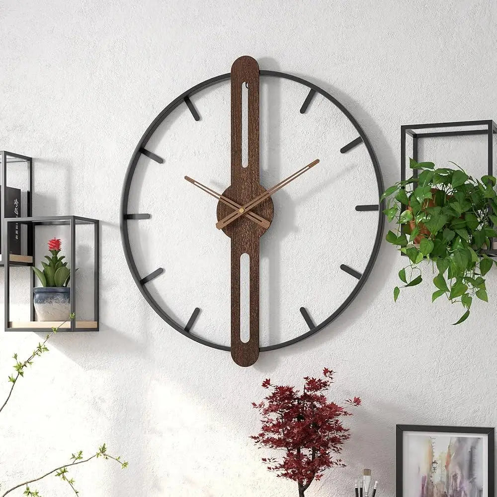 Very large modern wall clocks - Largolck: A 27.6-inch handcrafted clock with a thin black frame, wooden accent, and brass hands, flanked by metal shelves with plants, embodying silent elegance and architectural edge.