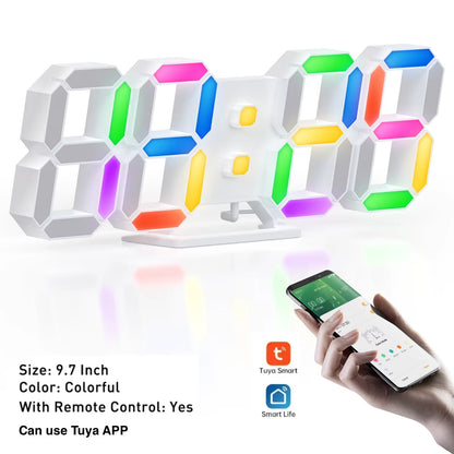 3D Digital Clock - Elmsdon: A 9.7-inch color-changing LED clock with remote and smartphone control via Tuya/Smart Life apps, featuring innovative digital display and classic analog hands.