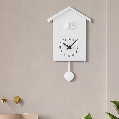 Wooden Cuckoo Clock - Brivon: A minimalist, house-shaped wall clock with a bird pendulum, black numerals, and hands, enhancing any room with its modern charm.