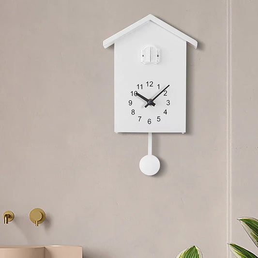 Wooden Cuckoo Clock - Brivon: A minimalist, house-shaped wall clock with a bird pendulum, black numerals, and hands, enhancing any room with its modern charm.