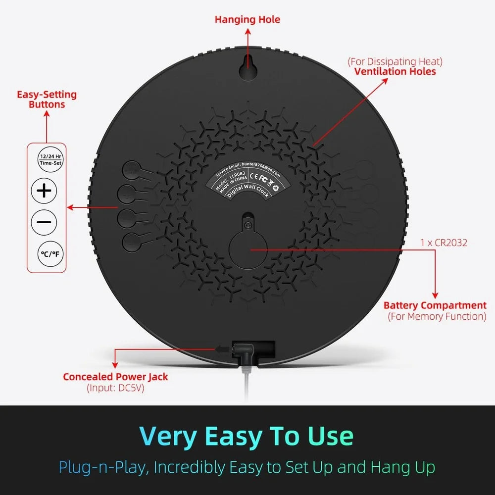 Back view of the Digital Wall Clocks - Hadley, highlighting features: mounting hole, ventilation holes, setting buttons, battery compartment, and power jack. Marketing text emphasizes ease of use and setup.