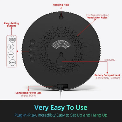 Back view of the Digital Wall Clocks - Hadley, highlighting features: mounting hole, ventilation holes, setting buttons, battery compartment, and power jack. Marketing text emphasizes ease of use and setup.