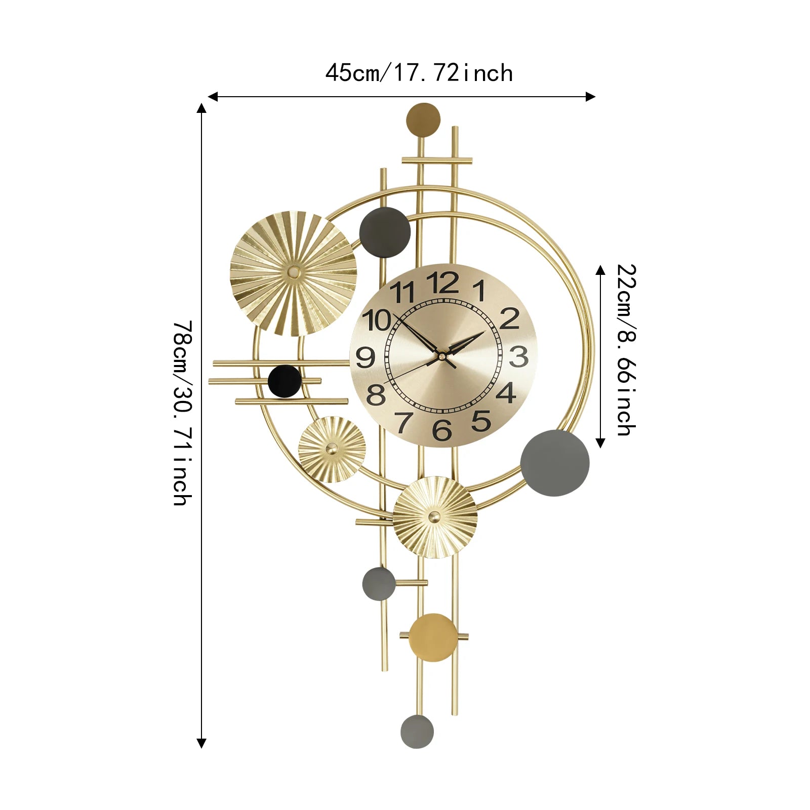 Oversized wall clock modern - Hashford features a 78 cm tall gold-tone metal-art frame with geometric elements and a 22 cm brushed-gold face, blending art with timekeeping.