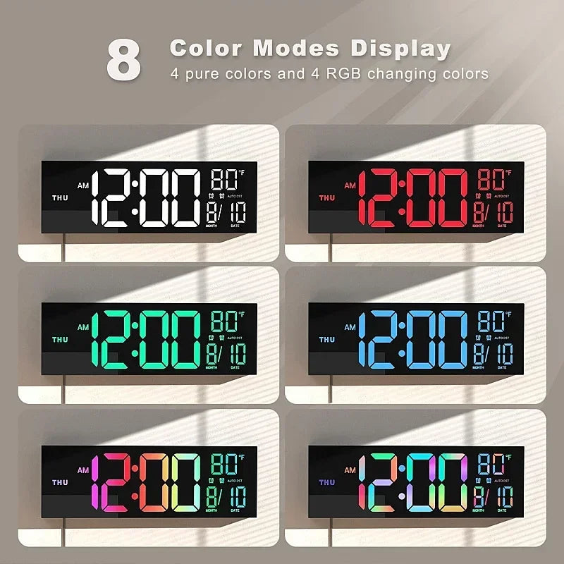 Large digital wall clock - Eldon with jumbo LED display, showing time, day, temperature, and date. Features eight color modes and remote control for easy adjustments, ideal for spacious areas.