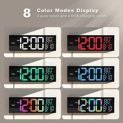 Large digital wall clock - Eldon with jumbo LED display, showing time, day, temperature, and date. Features eight color modes and remote control for easy adjustments, ideal for spacious areas.