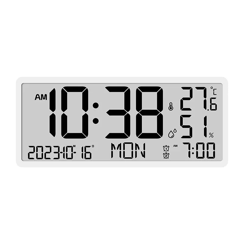 White Digital Clock - Carradon displaying time, date, temperature, humidity, and alarm settings on an easy-to-read LCD screen. Perfect for modernizing any space with its multifunctional design.
