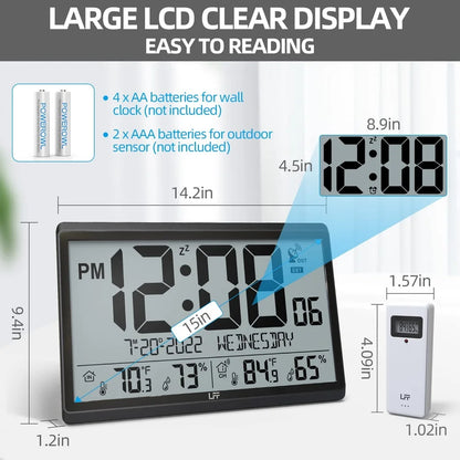 Atomic wall clock - Harven with large LCD display showing time, date, and temperatures; includes a wireless outdoor sensor. Features auto-sync with atomic clock for accuracy; batteries not included.
